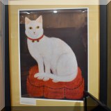 A30. Large print of a white cat titled ”Tinkle”. Frame: 30”h x 25”w 